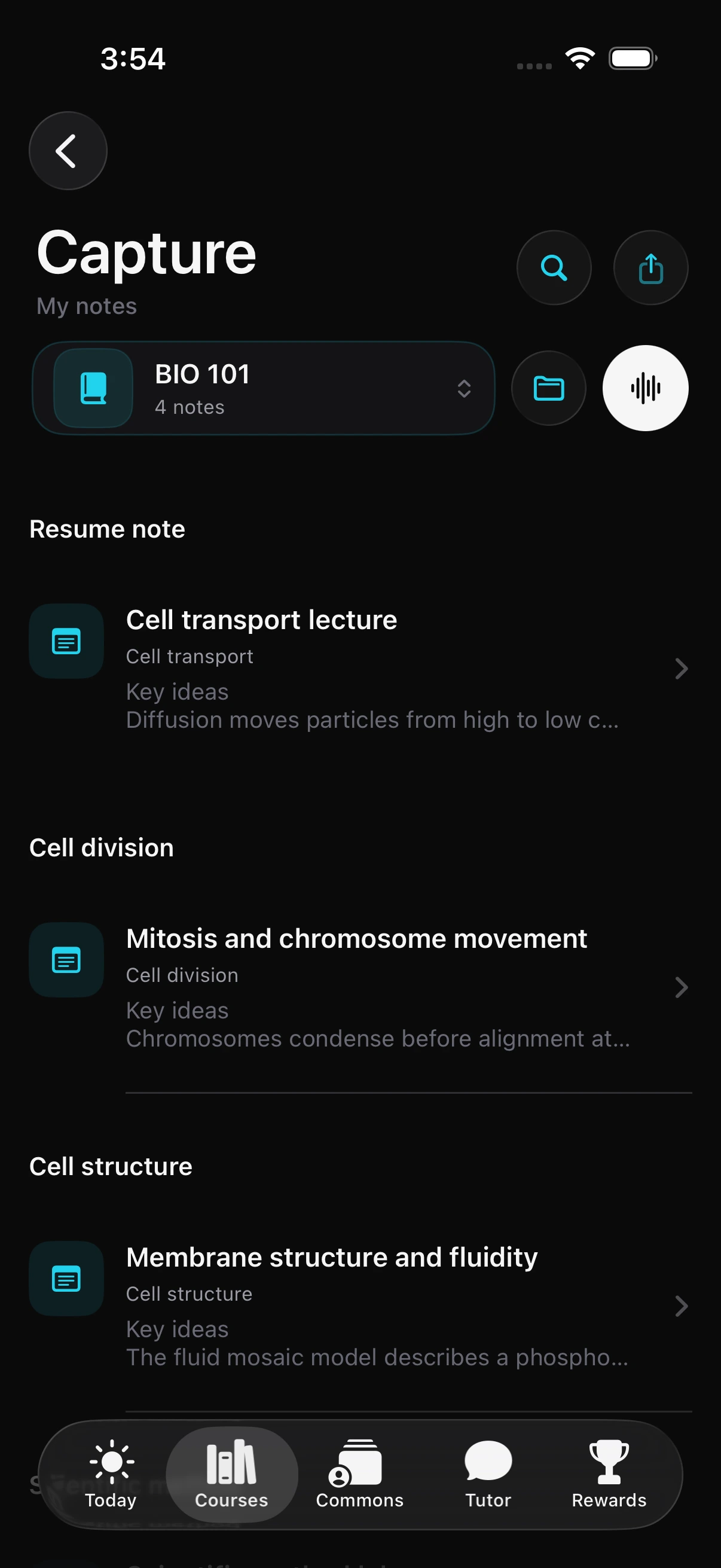 GradePath dark-mode Capture screen organizing private BIO 101 notes by topic