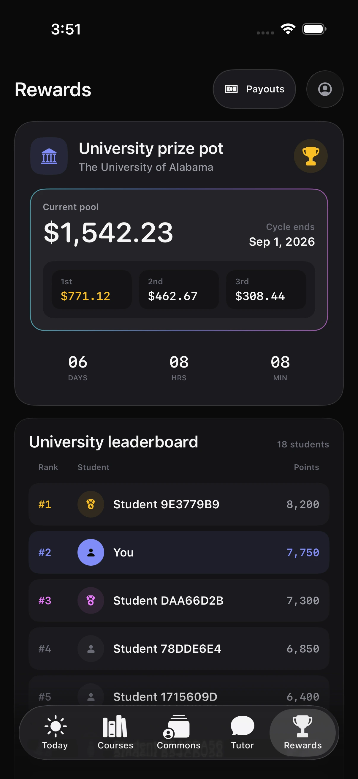 GradePath University Rewards showing The University of Alabama prize pot at $1,542.23 with top-three prize amounts and the Payouts control
