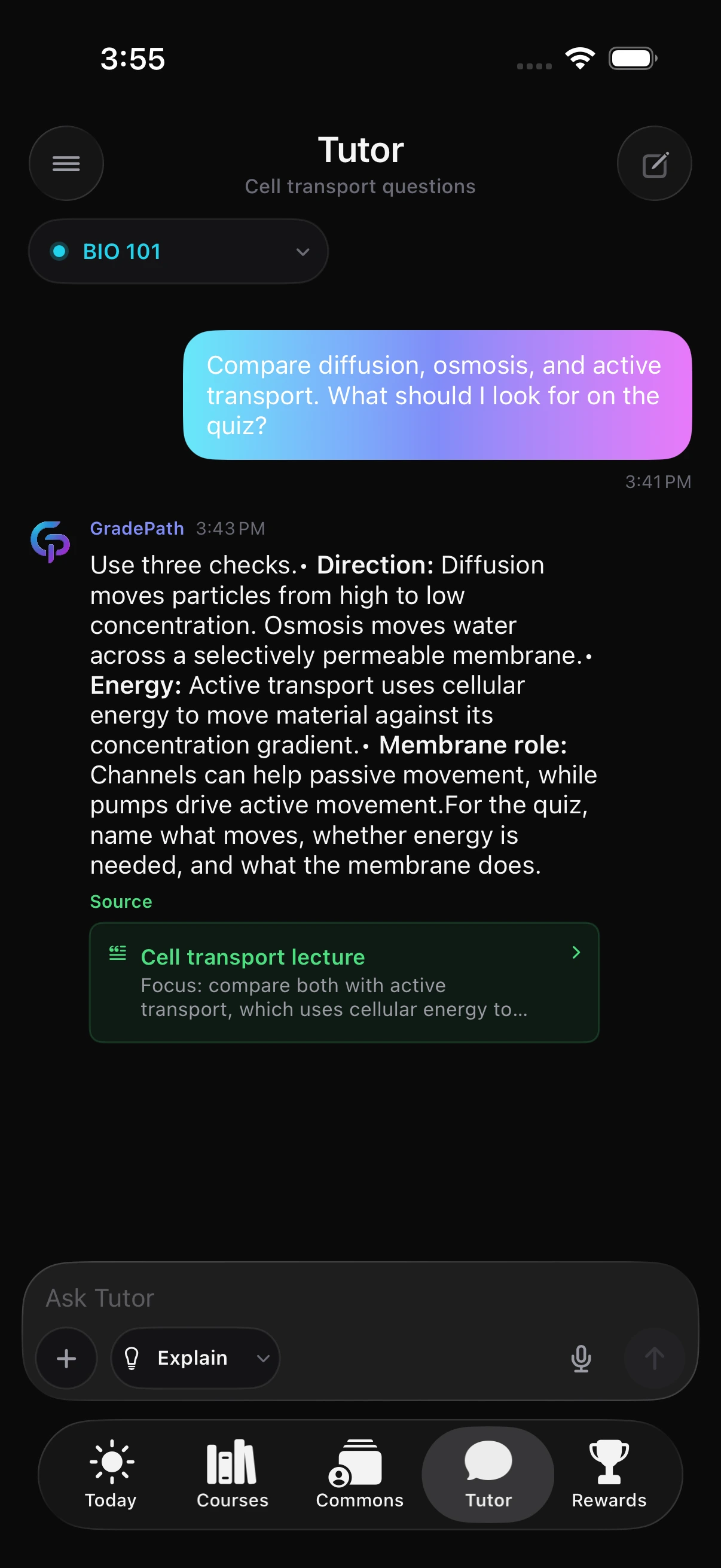 GradePath Tutor comparing diffusion, osmosis, and active transport with a cited Cell transport lecture source
